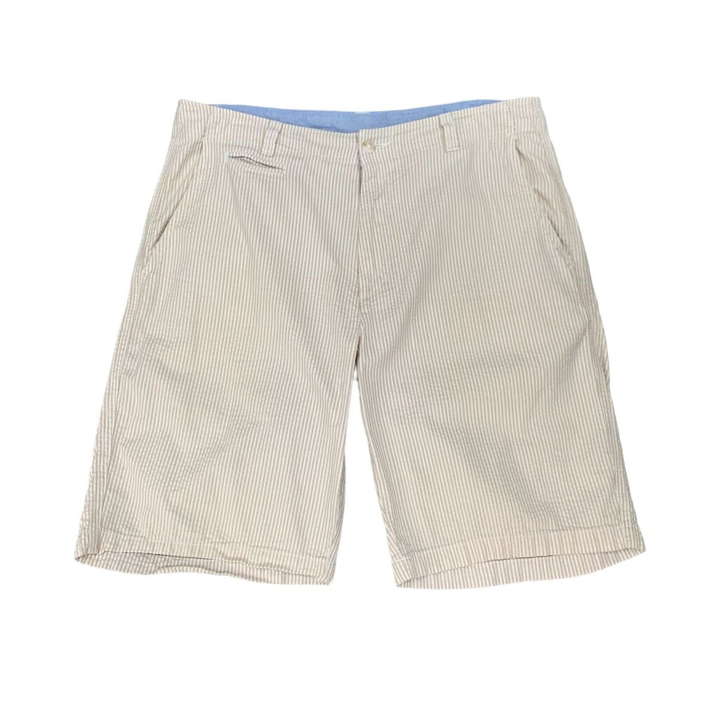 Cremieux Shorts Mens 34 Mustard White Striped SeeSucker Cotton Flat Front